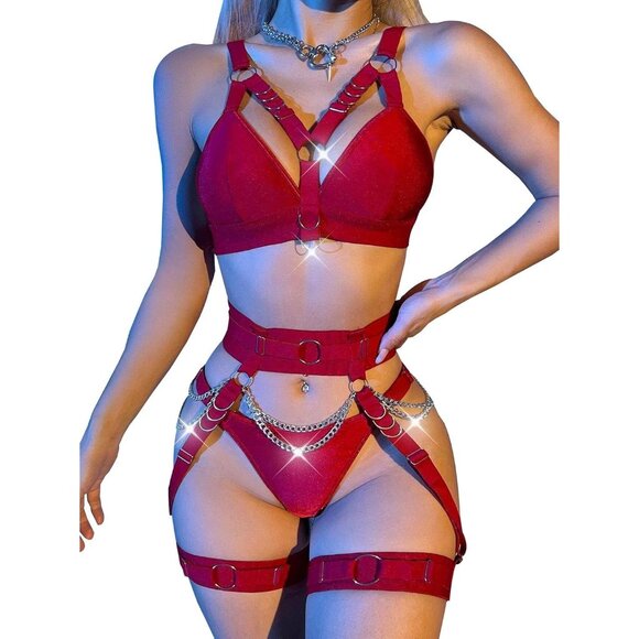 Women's Burgundy Red Sexy Chain Strappy Garter Belt Lingerie Set Rave Outfits - Picture 1 of 5